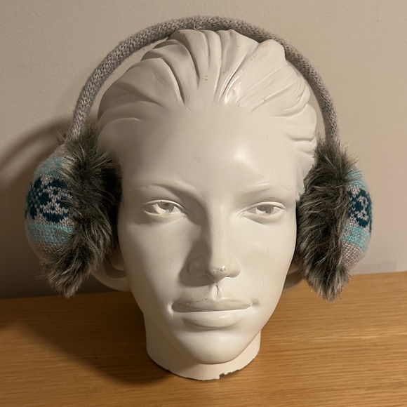 Gray and Blue Patterned knit adjustable Earmuffs - Picture 2 of 5